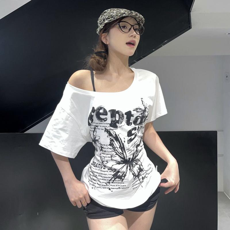 Áo Thun Cổ Điển Mỹ Chính Hãng Phong Cách Lười Biếng Thường Ngày Trễ Vai, In Hình Bướm, Chất Liệu Cotton Nguyên Chất, Nhiều Cách Mặc 5