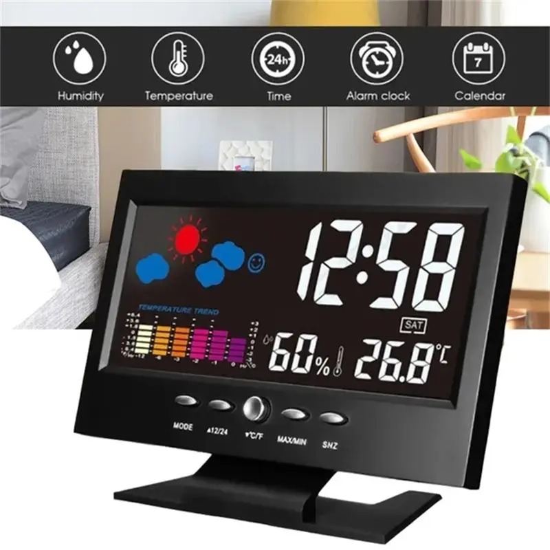 Đồng Hồ Báo Thức Đèn Nền, Màn Hình Màu LED Sáng Tạo, Hiển Thị Thời Tiết, Nhiệt Độ Và Độ Ẩm, Dự Báo, Lịch Và Đồ Trang Trí