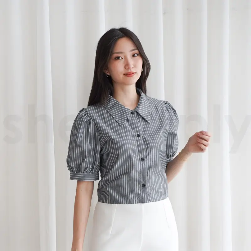 Shesimply Gracelyn Salur Top Blouse Kemeja Atasan Wanita Casual Katun Salur 6