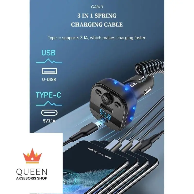 LENYES Bluetooth FM Transmitter 5.3 Car Charger Dual Port with 3IN1 Cable + Microphone CA813 3