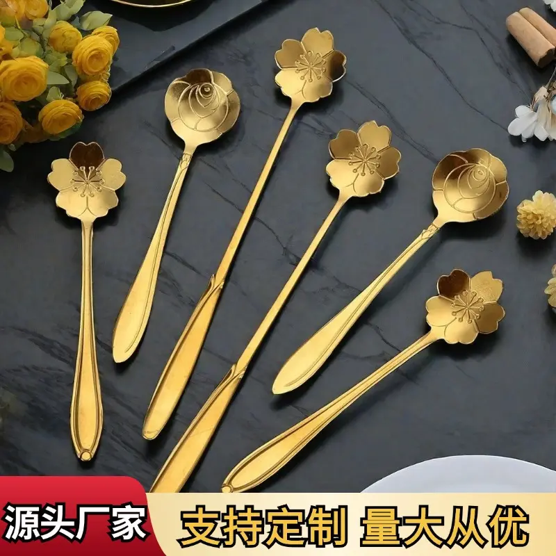 6 pieces Stainless Steel Flower Spoon Cherry Blossom Rose Spoon Wedding Long Handle Heart-Shaped Spoon Coffee Stir Spoon Hand Gift Bird's Nest Honey