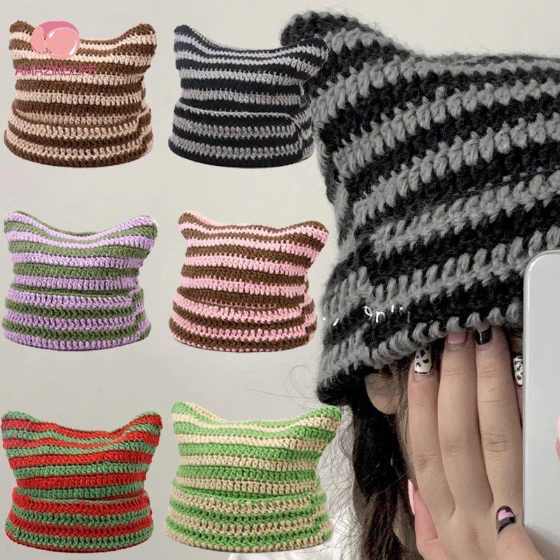 Topi rajutan berjalur wanita, Harajuku Jepun, telinga kucing - TikTok ...