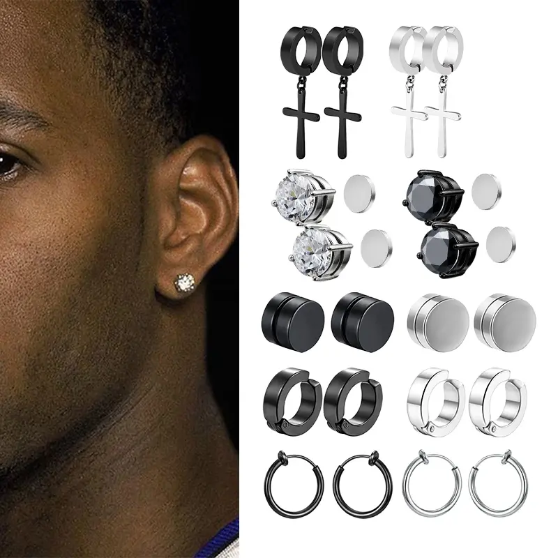 1 Pairs Stainless Steel Non-Piercing Magnetic Stud Earnings Unisex CZ Magnet Ear Clip Women And Men Punk Hip Hop Earring Set