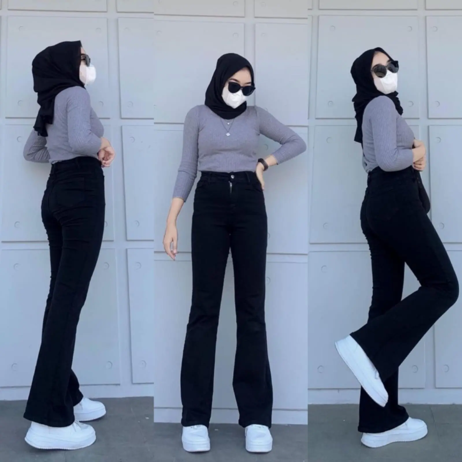 Celana Cutbray Haighwiast Hitam Polos -  Jeans Streatch Impor Panjang Tebal Wanita Stretch Cewek