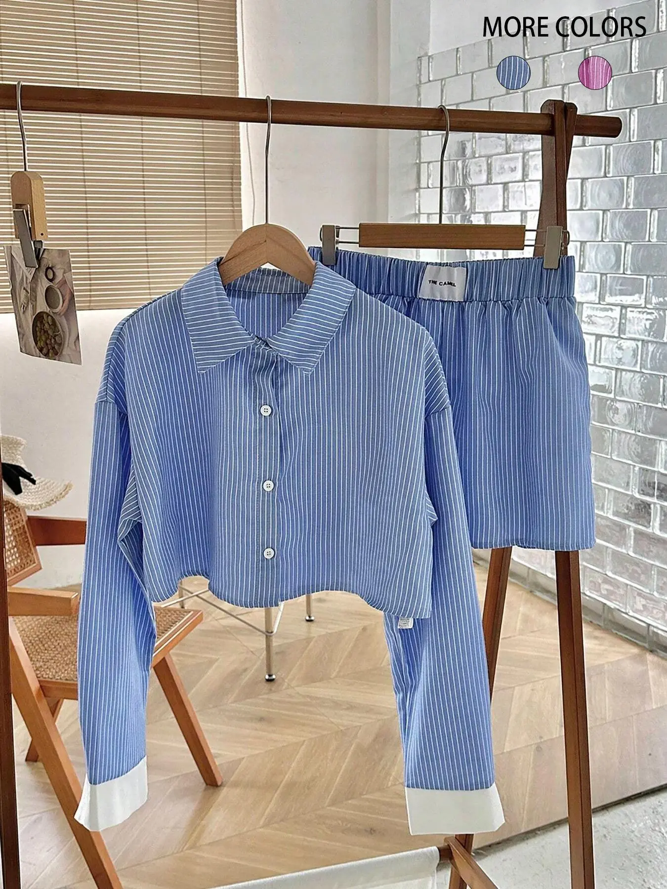 Women's Striped Print Button Front Shirt & Shorts Two-Piece Set, Casual Long Sleeve Collared Top & Shorts for Spring & Fall, Ladies Clothes for Daily Wear