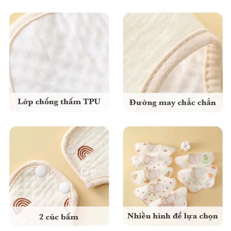 Yếm tròn xoay 360 cho bé chất liệu cotton mềm mịn thấm hút tốt, mặt dưới chống thấm và có cúc bấm 2