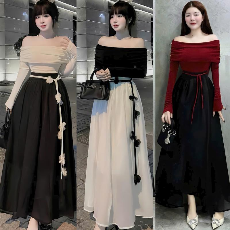 Set đồ nữ áo tăm lạnh trễ vai tay dài kèm chân váy dài voan 2 lớp dây thoắt eo đính bông sang chảnh dành cho các nàng diện đi chơi, đi tiệc Women Top