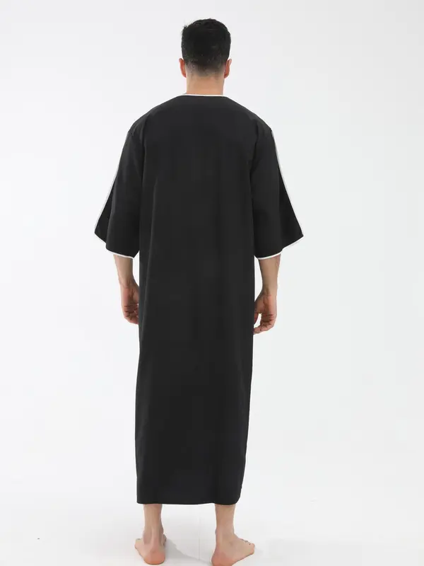 Men's Contrast Trim Robe, Loose Casual Comfy Muslim Clothing for Daily Wear, Men's Islamic Clothing for All Seasons 1