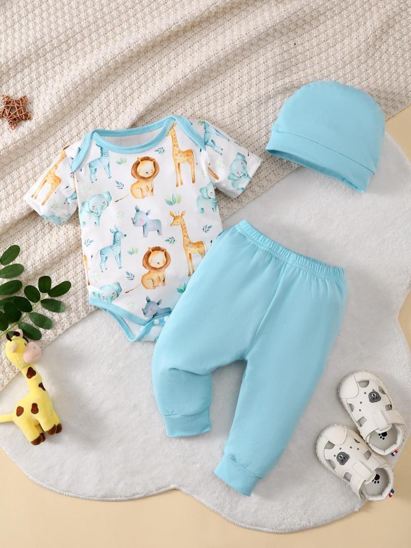 Product Introduction of Two-Piece Set Newborn Infant Baby Boys Outfits, Cute Cartoon Animal Print Short Sleeve Contrast Binding Bodysuit & Pants & Hat Set, Infant Kids Clothes for Daily Wear 8