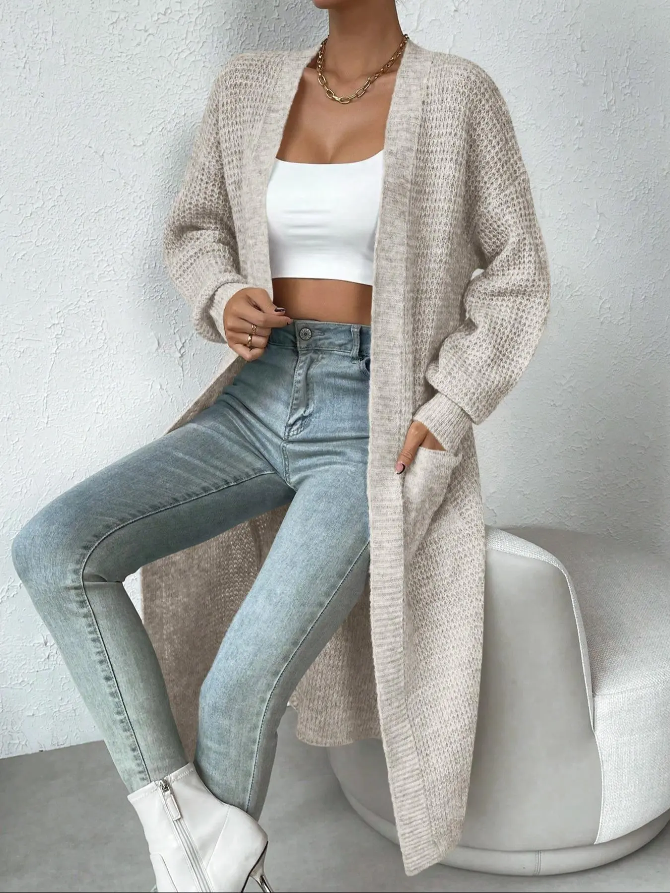 Women's Solid Drop Shoulder Pocket Split Hem Long Cardigan, Casual Long Sleeve Open Front Outerwear for Fall & Winter, Women's Knit Clothing for Daily Wear
