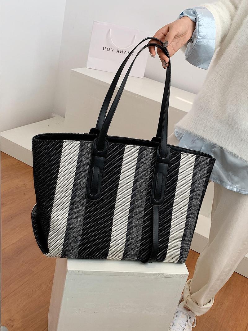 Product Introduction of Women's Fashionable Striped Pattern Tote Bag, Casual Large Capacity Shoulder Bag for Work & School, Durable Multi-functional Daily Commuting Bag 6