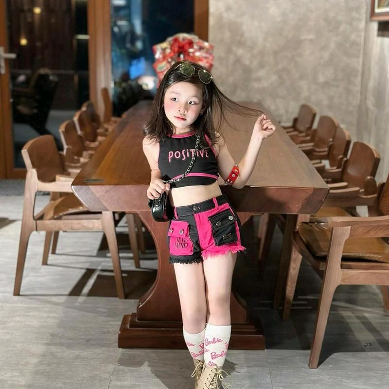 ELSAKIDS_ ( có bụng tăng lên size)  Sét Bộ Quần Kaki ĐÙI+ Áo croptop BA LỖ ĐEN cho bé gái