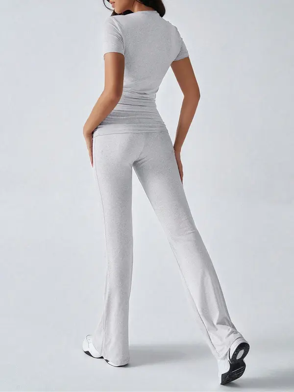 Two-piece Set Women's Solid Crop Top & Flare Leg Pants, Casual Fashion Cozy Round Neck Top & Bell Bottom Trousers for Daily Outdoor Wear, Ladies Clothes for Summer 5