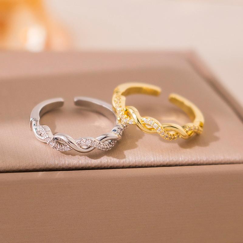 Product Introduction of Electroplated Zircon Twist Ring Light Luxury and Simplicity Woven Open Ring Elegant Graceful Design Bracelet 0