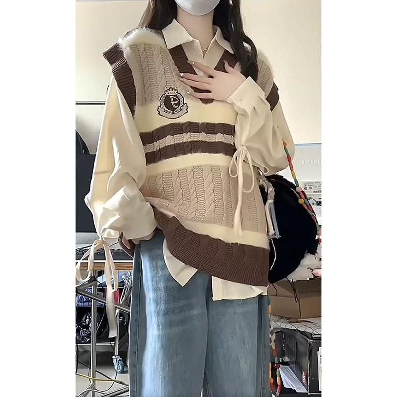 Bộ Đồ Hai Mảnh, Phong Cách Preppy Ngọt Ngào Nhật Bản, Màu Tương Phản, Cổ Chữ V, Áo Vest Dệt Kim, Áo Sơ Mi Nữ Dài, Thích Hợp Cho Mùa Xuân Và Mùa Thu, Hàng Mới Về Women Top Jacket 5