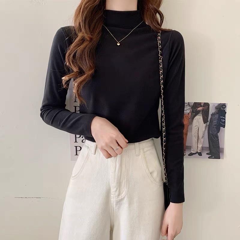 Áo thun cổ lọ dài tay nữ phong cách Hàn Quốc/ Áo body tay dài cổ lọ màu trơn/ Dễ mix đồ giữ nhiệt tốt Top Đen Women