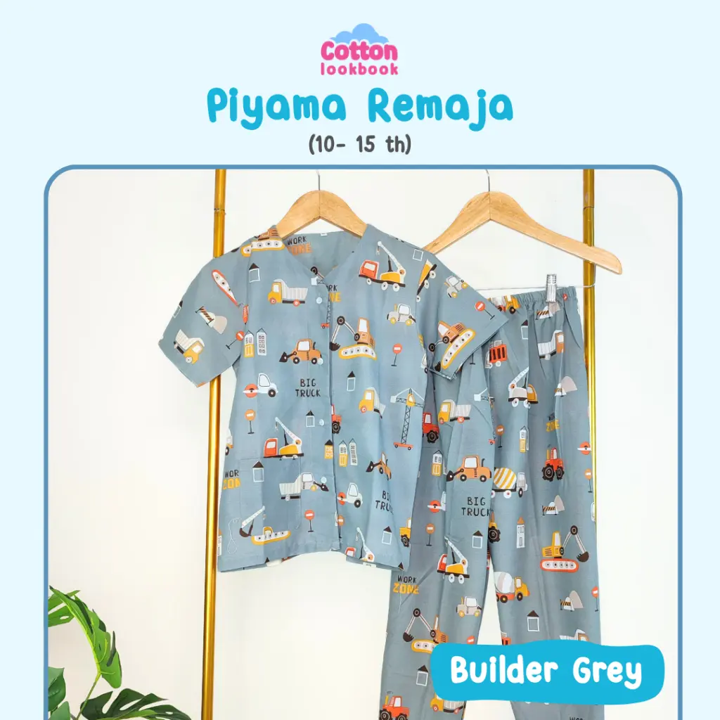 COTTON LOOKBOOK - PIYAMA REMAJA MOTIF BUILDER GREY 10-15 TAHUN / SMP SIZE XL 10 11 12 13 14 15 TAHUN / BAJU TIDUR MOTIF BUILDER GREY