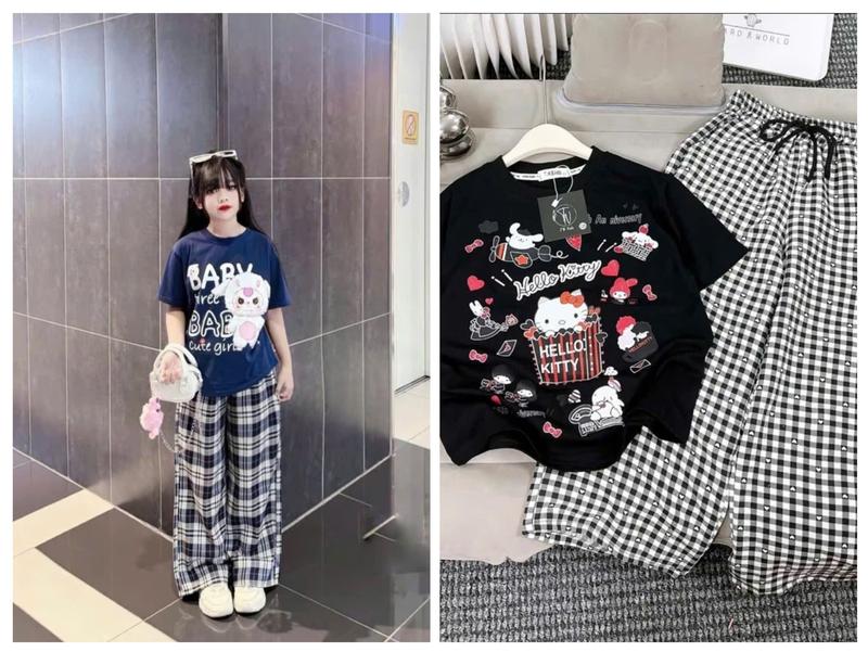 ( ComBô 2 Bộ ) Sét áo cộc tay quần ống xuông kẻ caro cho bé gái từ 9-42kg chất cotton su 7