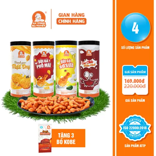 Combo ĐOẠT MỆNH gồm :1 hũ  Snack Đùi Gà PHÔ Mai +1 Hũ Snack Đùi Gà Bơ Sữa +1 Hũ Cua Chiên Mắm Hành +1 Hũ Bánh Gạo Mật Ong   -Đồ Ăn Vặt  Food Snack Ăn Cùng Bà Tuyết