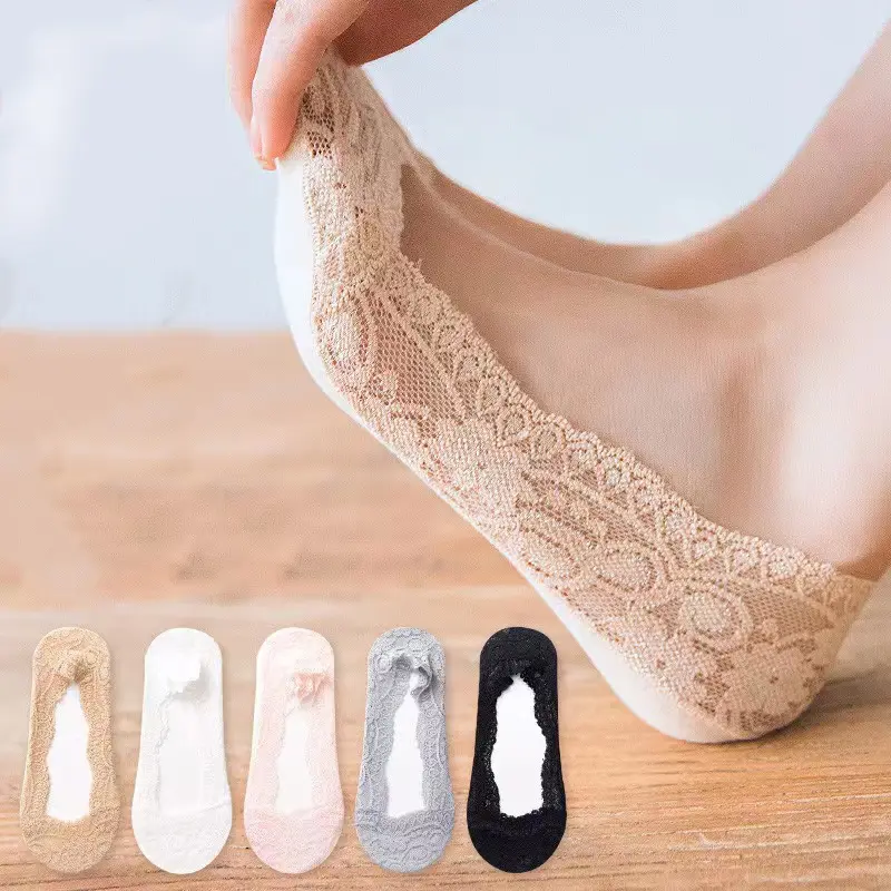 Combo 5đôi Tất Thuyền Hoa Ren, Dành Cho Nữ, Dài Đến Mắt Cá Chân, Ngắn, Vô Hình, Tất Mỏng Mùa Hè, Silicon Chống Trượt, Thời Trang, cổ xẻ Sâu, Có Sẵn Trong vô hình nền tảng