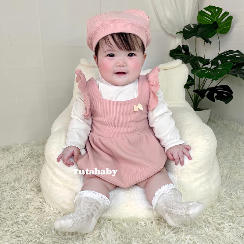 Bodysuit Cho Bé Set 3 Chi Tiết Body Len Lông Thỏ Hồng Kèm Áo Trắng Và Mũ Nồi Hồng Xinh Xắn