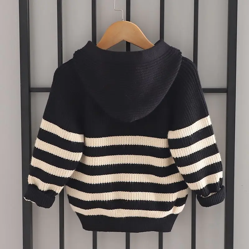 Áo len mới, sọc, cho bé trai và bé gái, thích hợp cho mùa thu và mùa đông, áo hoodie trẻ em, đồ dệt kim, quần áo trẻ em, áo khoác len, 2024 3