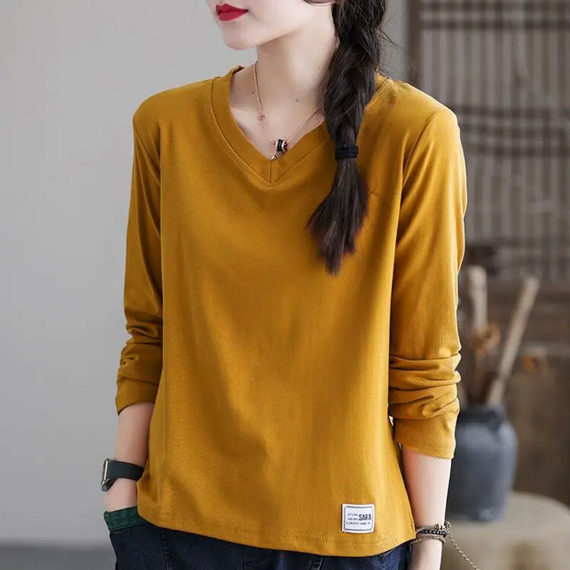 Áo Phông Cổ Chữ V, Dành Cho Nữ, Dài Tay, Dáng Rộng Vừa Vặn, Phong Cách Hàn Quốc Mới Mùa Xuân, Áo Mỏng Dễ Phối Đồ Ngoại Cỡ, Áo Sơ Mi Lớp Nền Thường Ngày Top Women