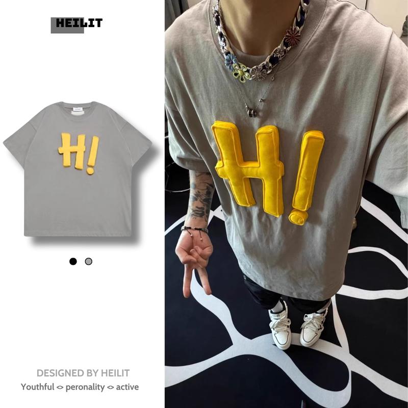 Áo Thun Nam Họa Tiết Nổi Chữ Hi HeiLit Phông Tay Lỡ Chất Vải Cotton Co Giãn Chuẩn Form Unisex 0
