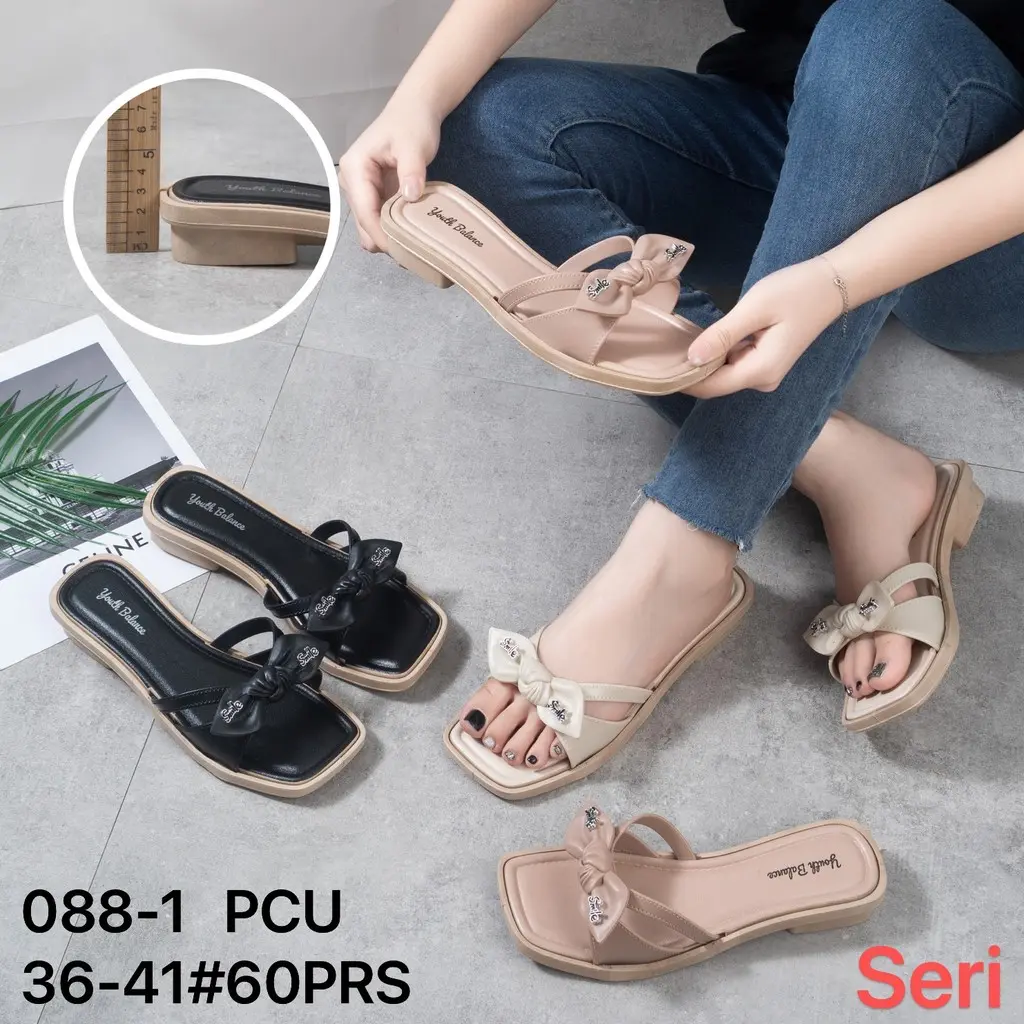 Sandal Slop Wanita Jelly Import Hak Rendah Model Pita Ribbon Bahan Empuk Anti Slip Balance 088-1