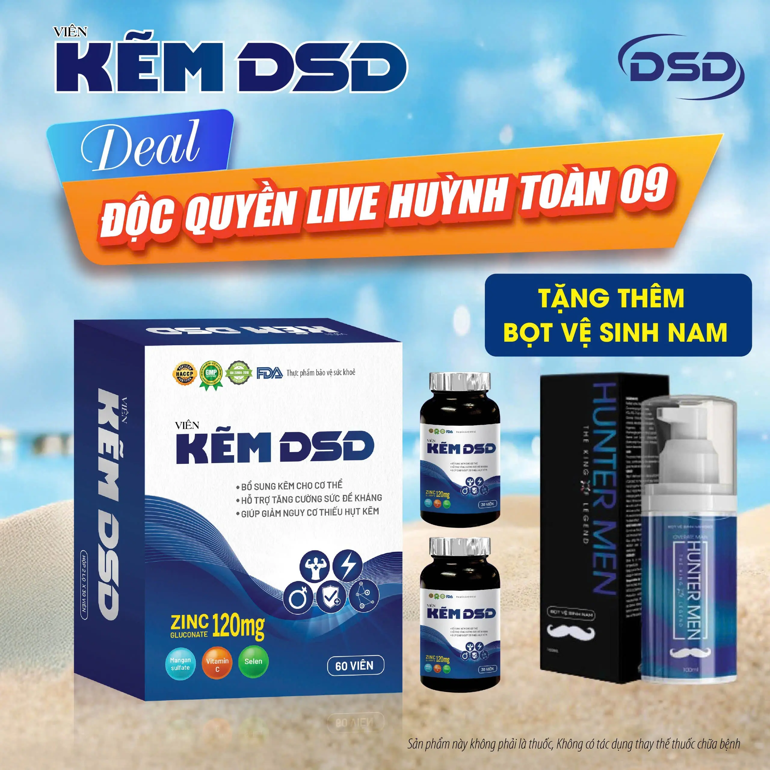[ĐỘC QUYỀN LIVE HUỲNH TOÀN 09] Kẽm DSD 60 Ngày bổ sung kẽm - Viên uống DSD bổ sung Kẽm Biozinc Tặng bọt vệ sinh nam | Hộp 2 lọ x 30 viên