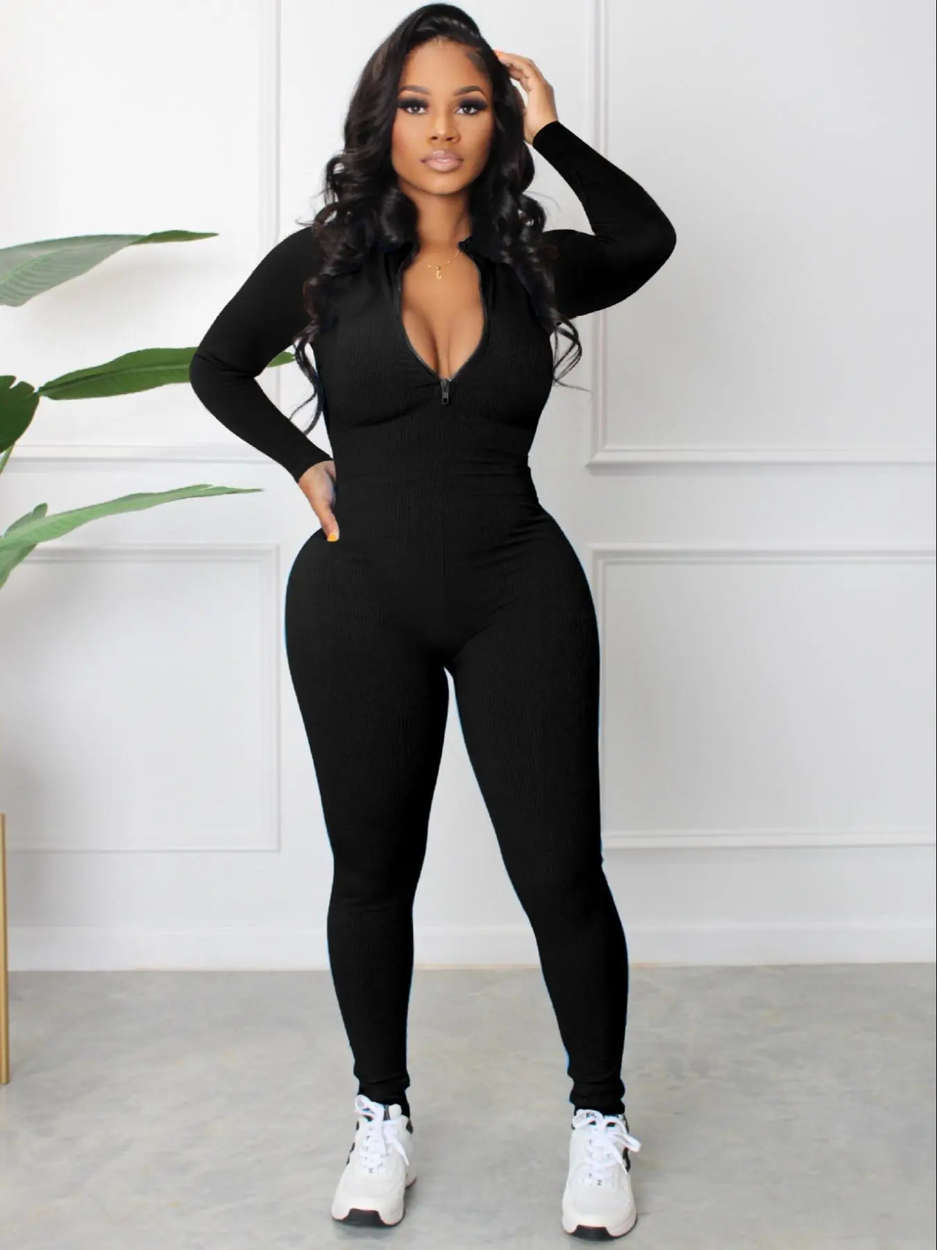 Women's Solid Long Sleeve Skinny Jumpsuit, Casual Comfy Stand Collar Zipper Jumpsuit for Daily Wear, Ladies Clothes for All Seasons