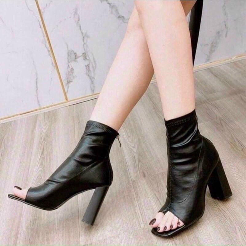 bốt cổ lửng nữ sỏ ngón chất da mềm hàng QC thời trang cao câos Ngang bắp chân Boot Shoes GiàY Cổ Cao