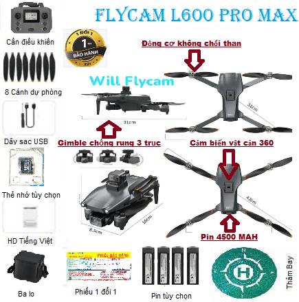 Flycam L600 Pro Max - Gimble chống rung 3 trục camera 4K Pin 4500mah Drone Đèn pro max