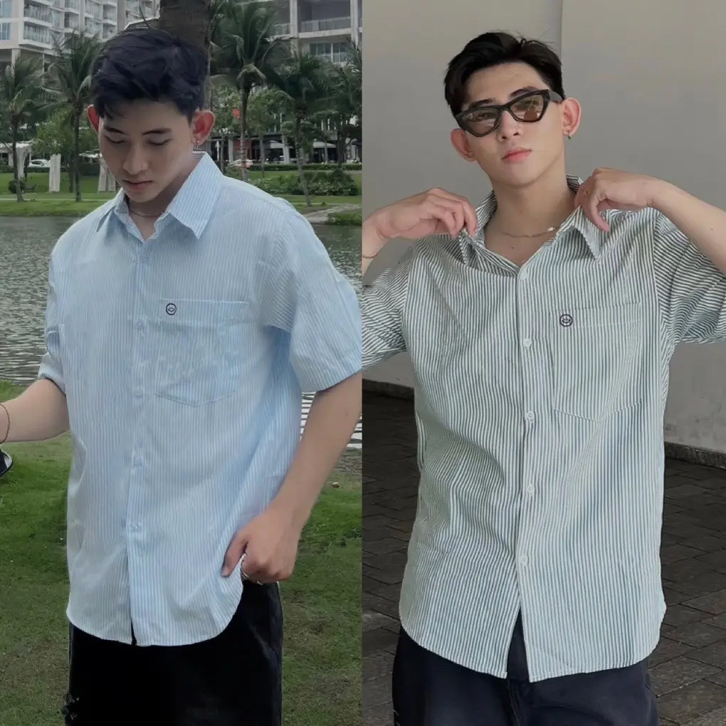 Áo Sơ Mi Tay Ngắn Sọc Stripes Oxford Thêu mặt cười Unisex Mr Smile 99 Shop SM102 Nam Menswear