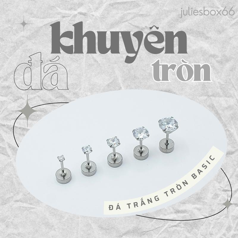 1 Chiếc XỎ- BẤM Khuyên Tai Đá Tròn Zircon Unisex Màu Bạc Đuôi Bi Không Gỉ Sét Không Ngứa Bông Tai Julies Box 66
