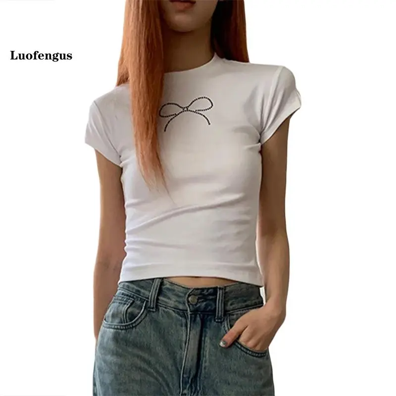 Women Short Sleeve T-Shirts Rhinestone Bowknot Round Neck Shirts Summer Slim Fit Casual Tops Streetwear