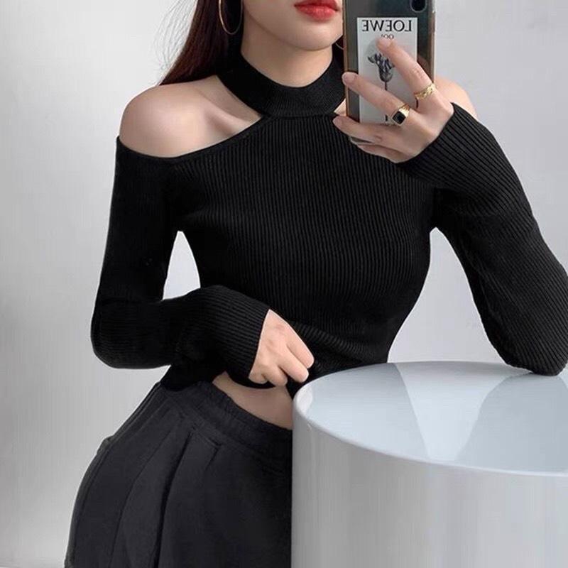 Áo croptop tay dài hở vai phối cổ yếm chất thun gân cho nữ, size nhỏ dưới 52kg Cổ Tròn Sơ Mi Women Shirt Dáng Ngắn Trắng