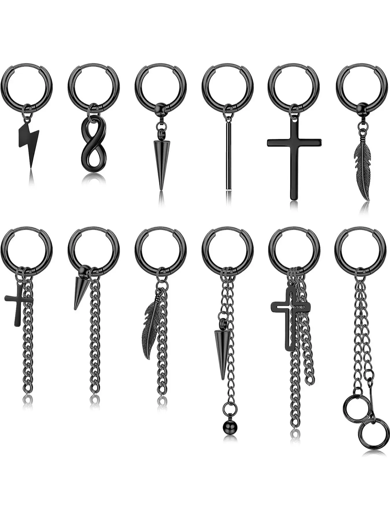 Punk Style Feather & Cross & Infinity Symbol Design Dangle Earrings, 12pcs Fashion Dangle Earrings for Party, Daily Decor, Trendy Hip Hop Goth Jewelry for Gift