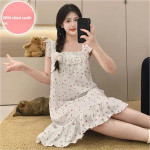 Baju Tidur Kapas, Untuk Wanita, dengan Bra Terbina dalam, Pakaian Piyama Potongan Renda Puteri Musim Panas, Sesuai untuk Pakaian Rumah, Loungewear dan Pakaian Kasual Luaran