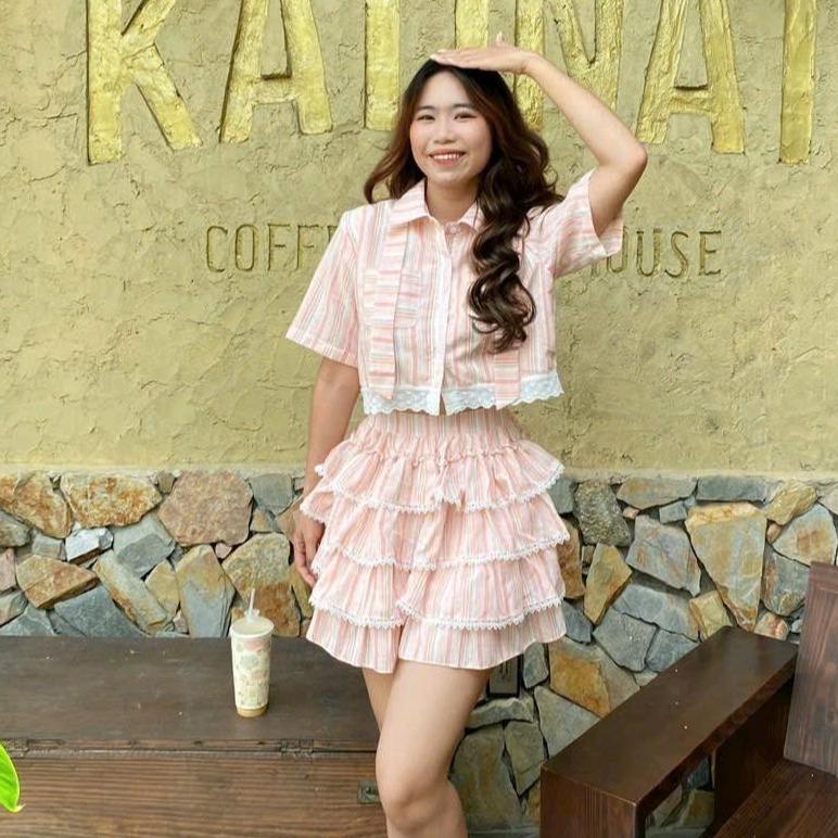 [S2] Set áo kẻ thô đũi cà vạt, chân váy xoè tầng xếp ly phối ren Nữ Women Top chảnh 0