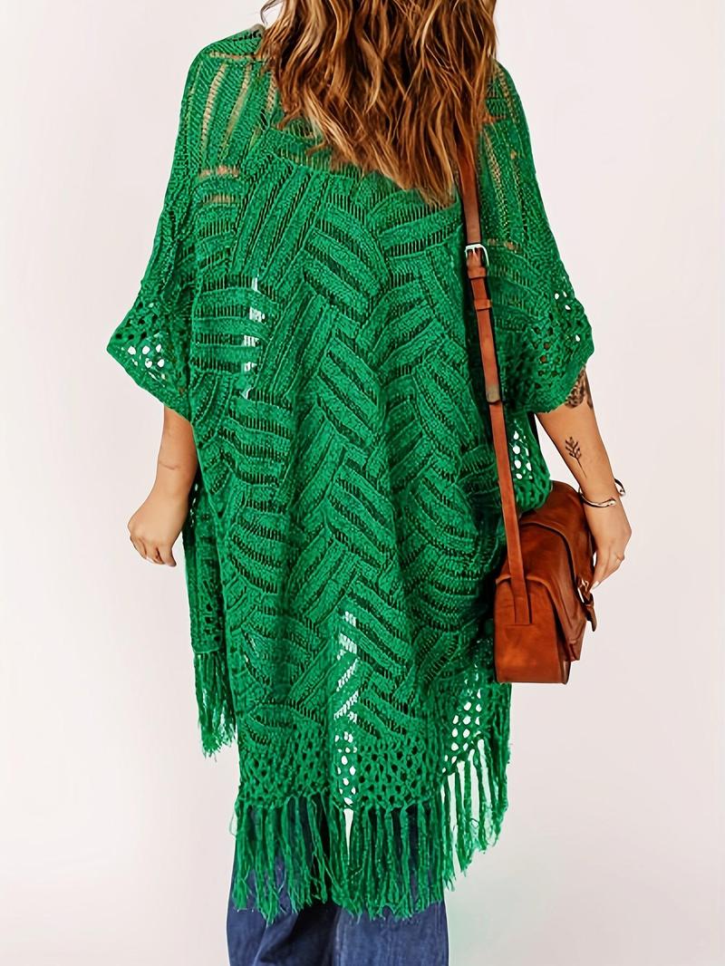 Product Introduction of 【Plus Size】 Women's Solid Fringe Trim Open Front Cardigan, Casual Half Sleeve Knitwear for Daily Wear, Ladies Clothes for All Seasons, Tops 9