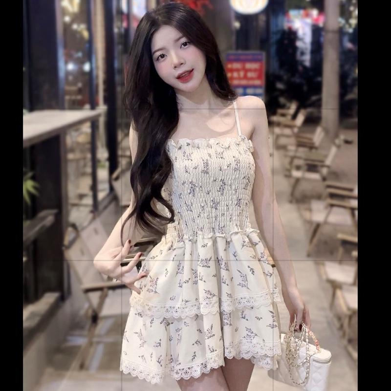 Đầm 2 dây nhún phối hoạ tiết hoa nhí 2 tầng bồng xoè 1