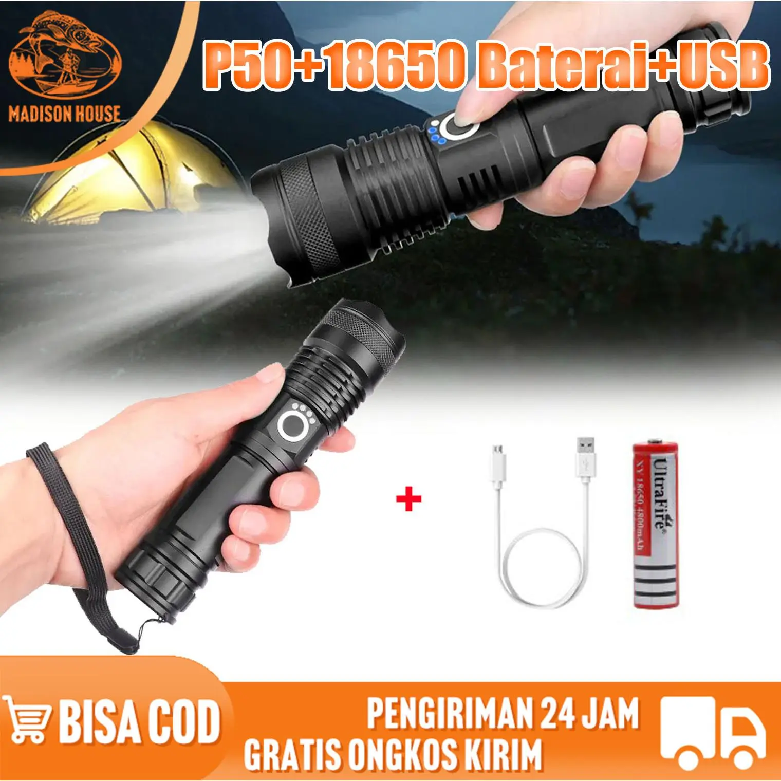 XHP50 Senter Tahan Air Baterai 100000 Lumens,Senter Paling Kuat 5 Mode,LED Zoom USB XHP50 18650 atau 26650 Baterai,Lampu Berkemah Luar Ruangan Berburu,Senter Tahan Air,Lampu Senter Baterai Awet,Lampu Baterai Senter,Senter Anti Air Tahan Baterai