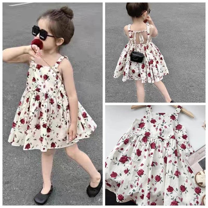 Váy Hoa Hồng 2 Dây Hở Lưng Xinh Xắn Cho Bé Gái 8-20kg (1-5 tuổi)