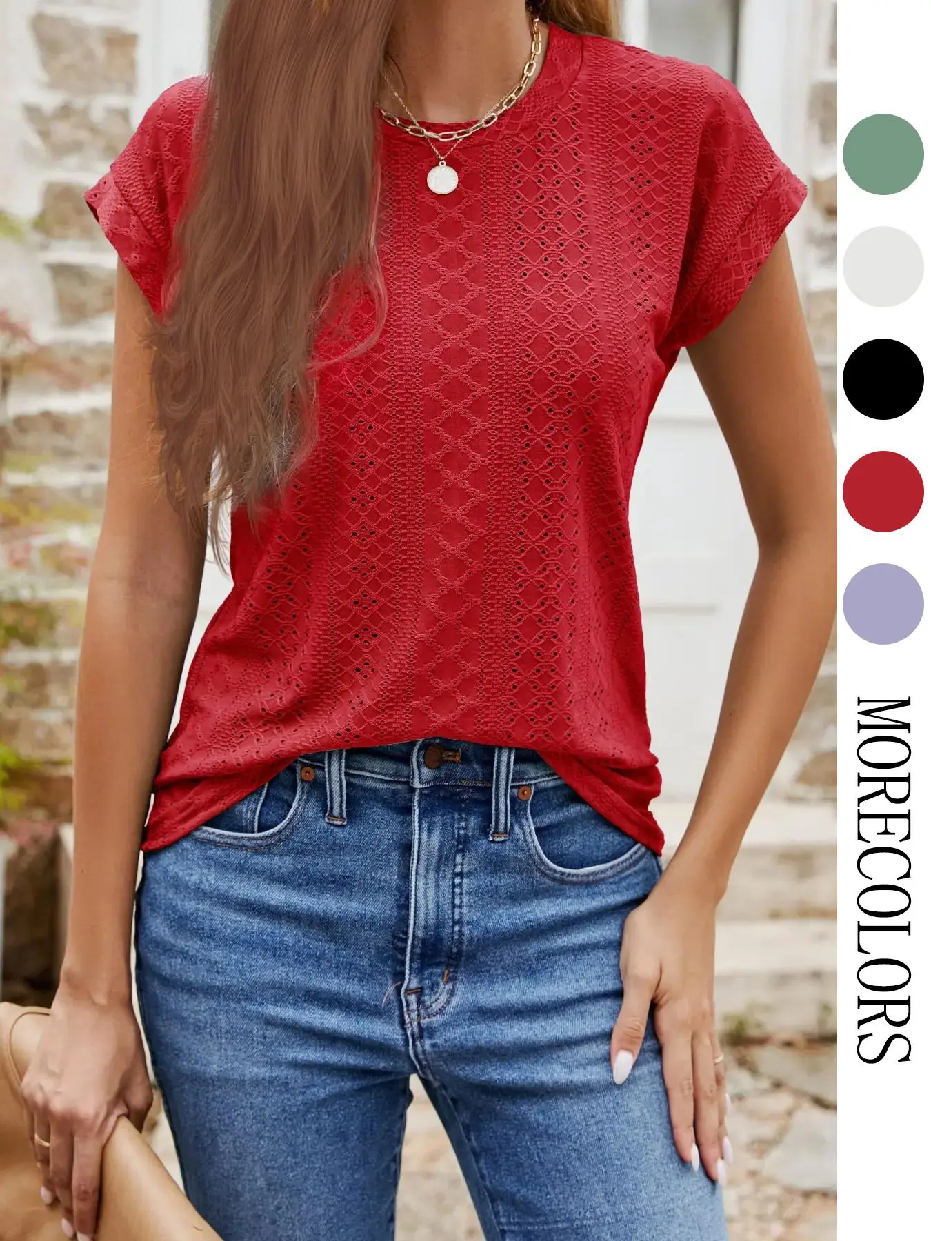 Women's Plain Basic Eyelet Embroidery Batwing Sleeve Blouse, Comfort Summer Clothes Women, Casual Round Neck Short Sleeve Top for Summer, Summer Outfits 2024, Holiday Outfits