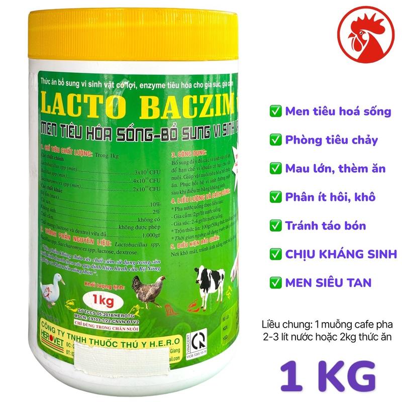 LACTO BACZIM WSP lon 1 kg bột tan trộn ăn uống bổ sung men tiêu hoá sống bổ sung vi sinh vật có lợi đường ruột giúp vật nuôi tiêu hoá tốt phân giảm mùi hôi kích thích mau lớn thèm ăn trên gà gia cầm gia súc 