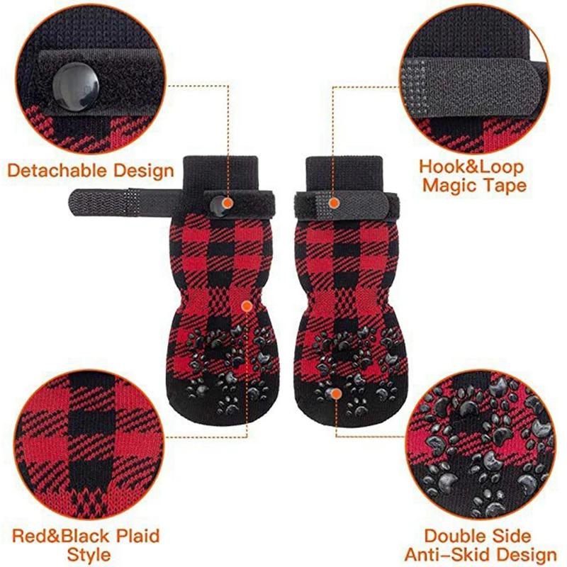 Product Introduction of 4Pcs Winter Warm Dog Socks Adjustable Anti Slip Skid Pet Shoes Socks Soft Breathable Paw Protector for Small Puppy Cat Dogs 4