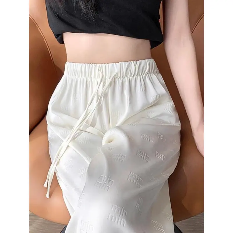 Quần lụa ống rộng dáng dài suông dập chìm chữ min cho nữ Mùa Hè Miu Siêu Đẹp Hàng Chuẩn women pants Ong Đen/hồng/trắng sữa Nhung 2