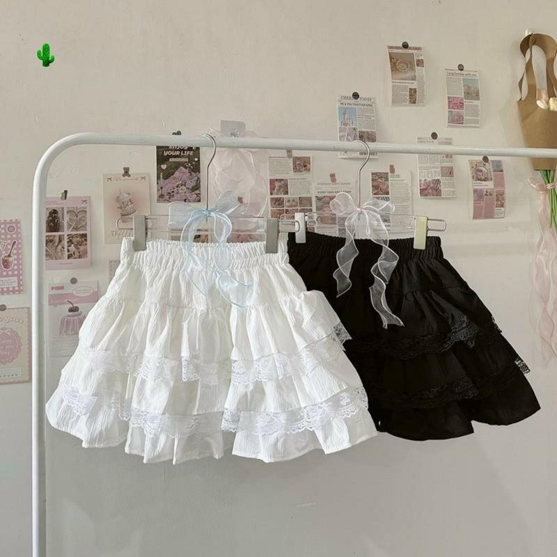 Chân váy trắng bèo 3 tầng xoè ngắn viền ren coquette phồng xếp ly lưng chun có quần bảo hộ CV030 Nữ Women