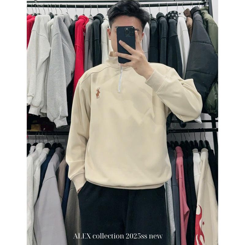 Áo Sweater cổ lọ có khóa NỈ 2 Da COTTON ALEXMAN( KHÔNG XÙ LÔNG )  thêu hình ngựa nam nữ cotton Unisex Local Brand Menswear